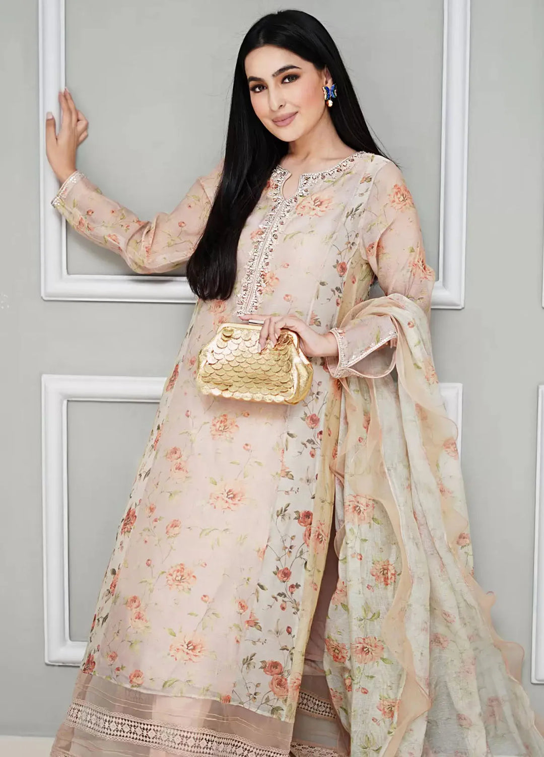 Hues Atelier Pret Embroidered Khaadi Cotton Net 3 Piece Suit Vintage Flora