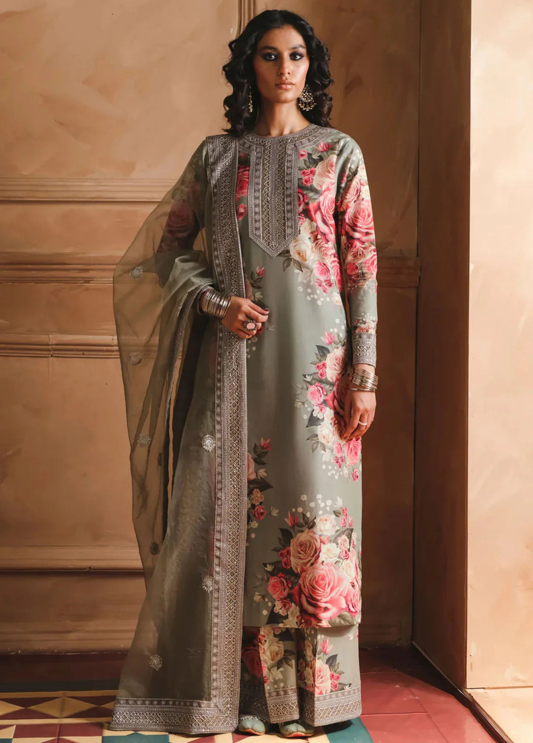 Humjoli Pret Embroidered Lawn 3 Piece Suit Olive Tree