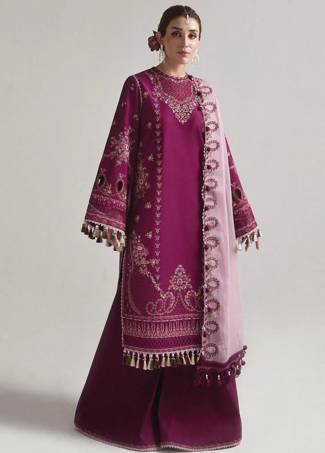 Hussain Rehar Embroidered Lawn Suit Unstitched 3 Piece HRRS24E Sangria - Festive Collection