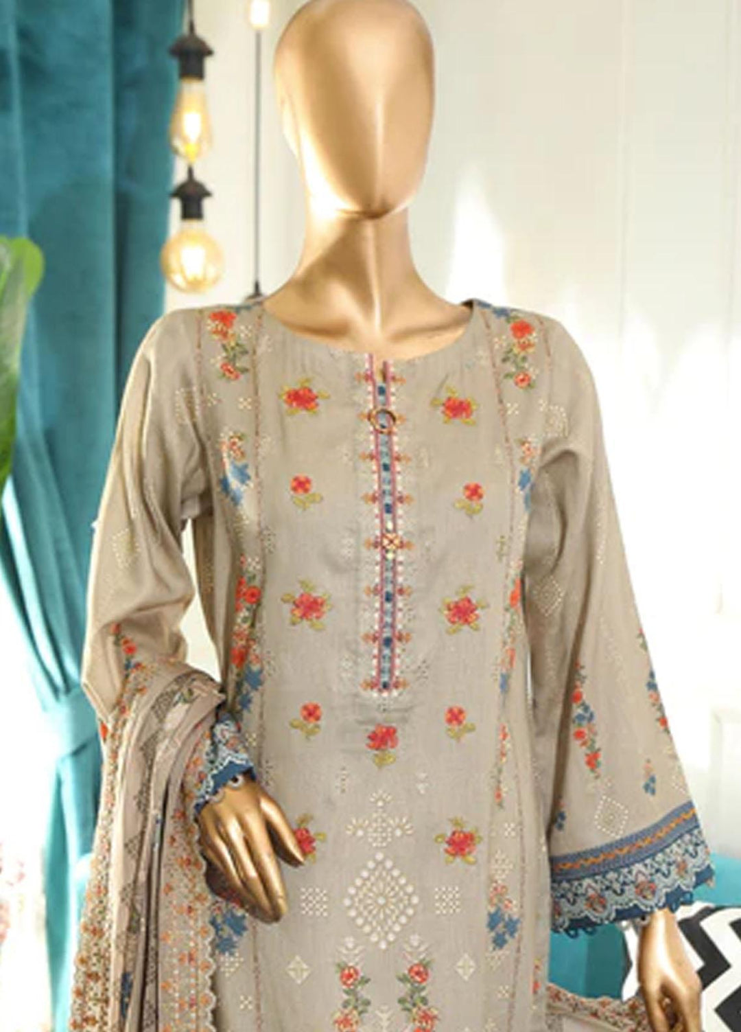HZ Textiles Embroidered Cotton Suits Unstitched 3 Piece HZ22DKC DKC-1193-B - Winter Collection