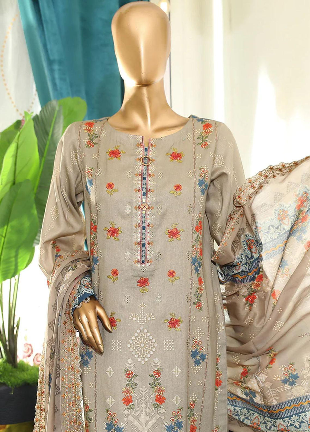 HZ Textiles Embroidered Cotton Suits Unstitched 3 Piece HZ22DKC DKC-1193-B - Winter Collection