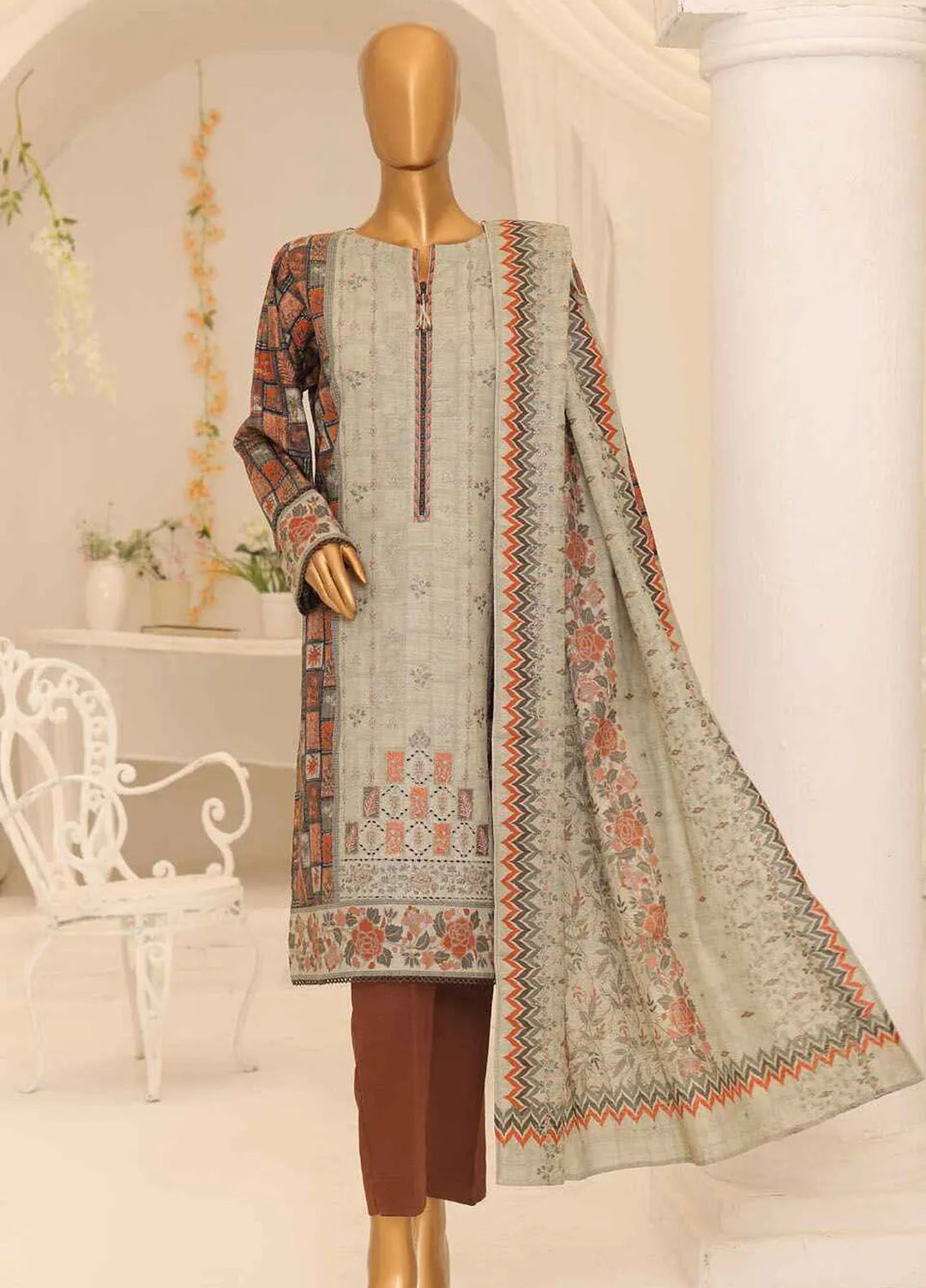 Hz Textiles Embroidered Khaddar Suit Unstitched 3 Piece HZ24K PKE-17 - Winter Collection