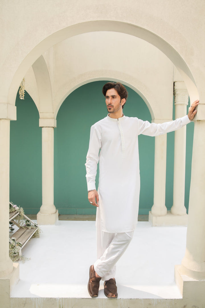 Muraqsh Ready To Wear Solids Cotton Men Off White Kameez Shalwar with Blended Waistcoat MUR-OWKSW - Summer Collection