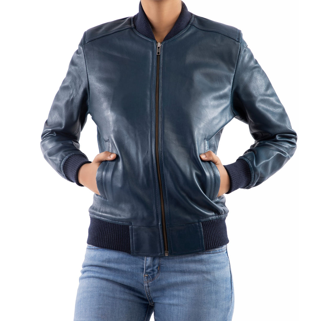 Jild Jild Bomber Jacket Solids Womens Bomber Leather Jacket Blue - Winter ...