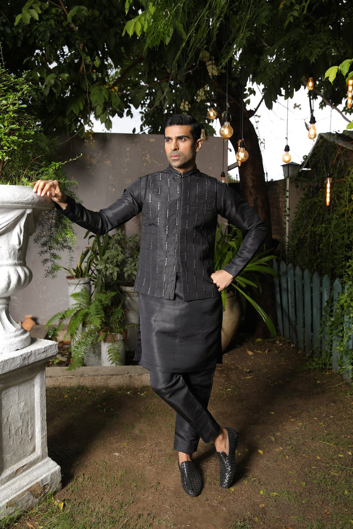 Muraqsh Ready To Wear Solids Silk Men Raw Silk Kurta Trouser AA-RSKT-BW - Winter Collection