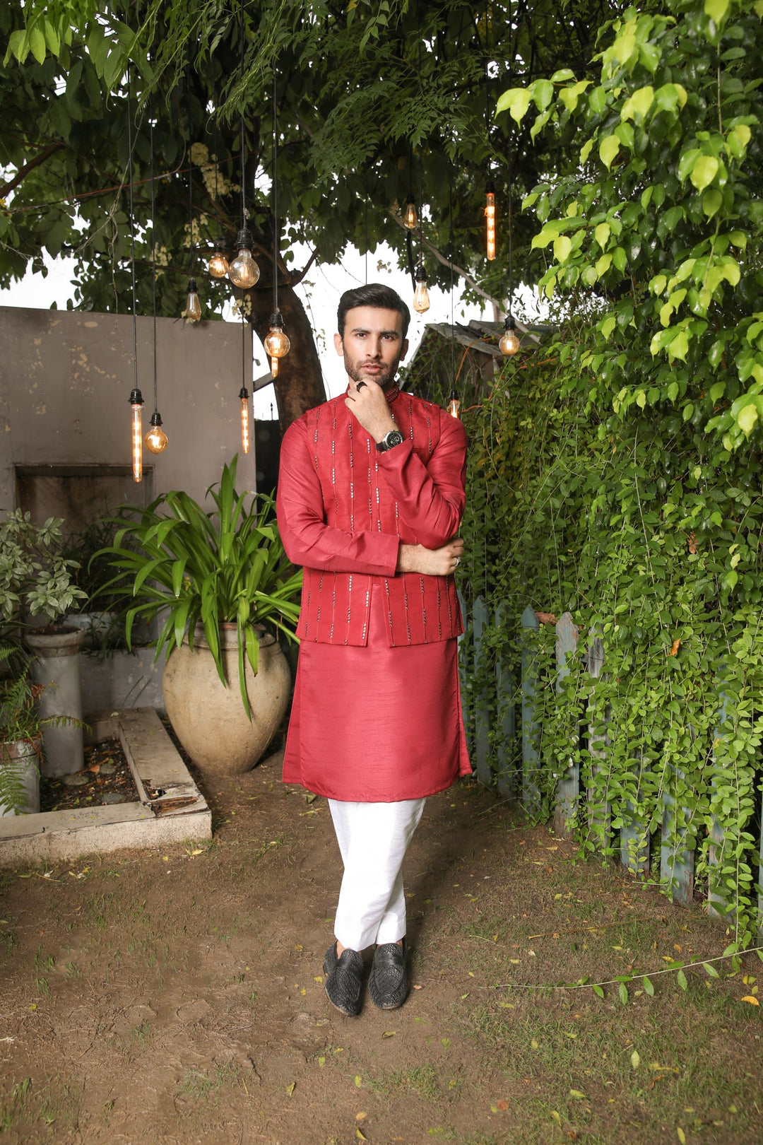 Muraqsh Ready To Wear  Cotton Men Maroon Kurta Trouser with Panni Embroidered Waistcoat MURPE-W - Summer Collection