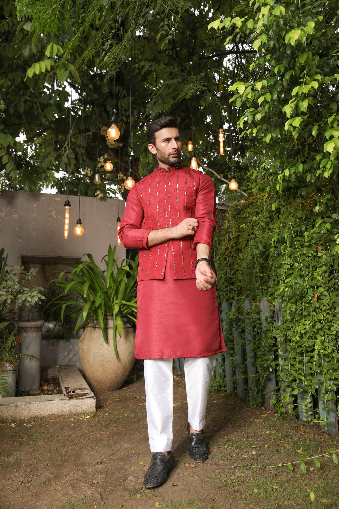 Muraqsh Ready To Wear  Cotton Men Maroon Kurta Trouser with Panni Embroidered Waistcoat MURPE-W - Summer Collection