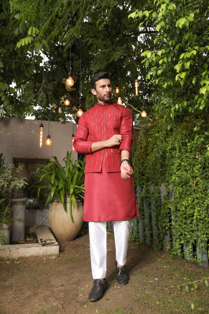Muraqsh Ready To Wear  Cotton Men Maroon Kurta Trouser with Panni Embroidered Waistcoat MURPE-W - Summer Collection