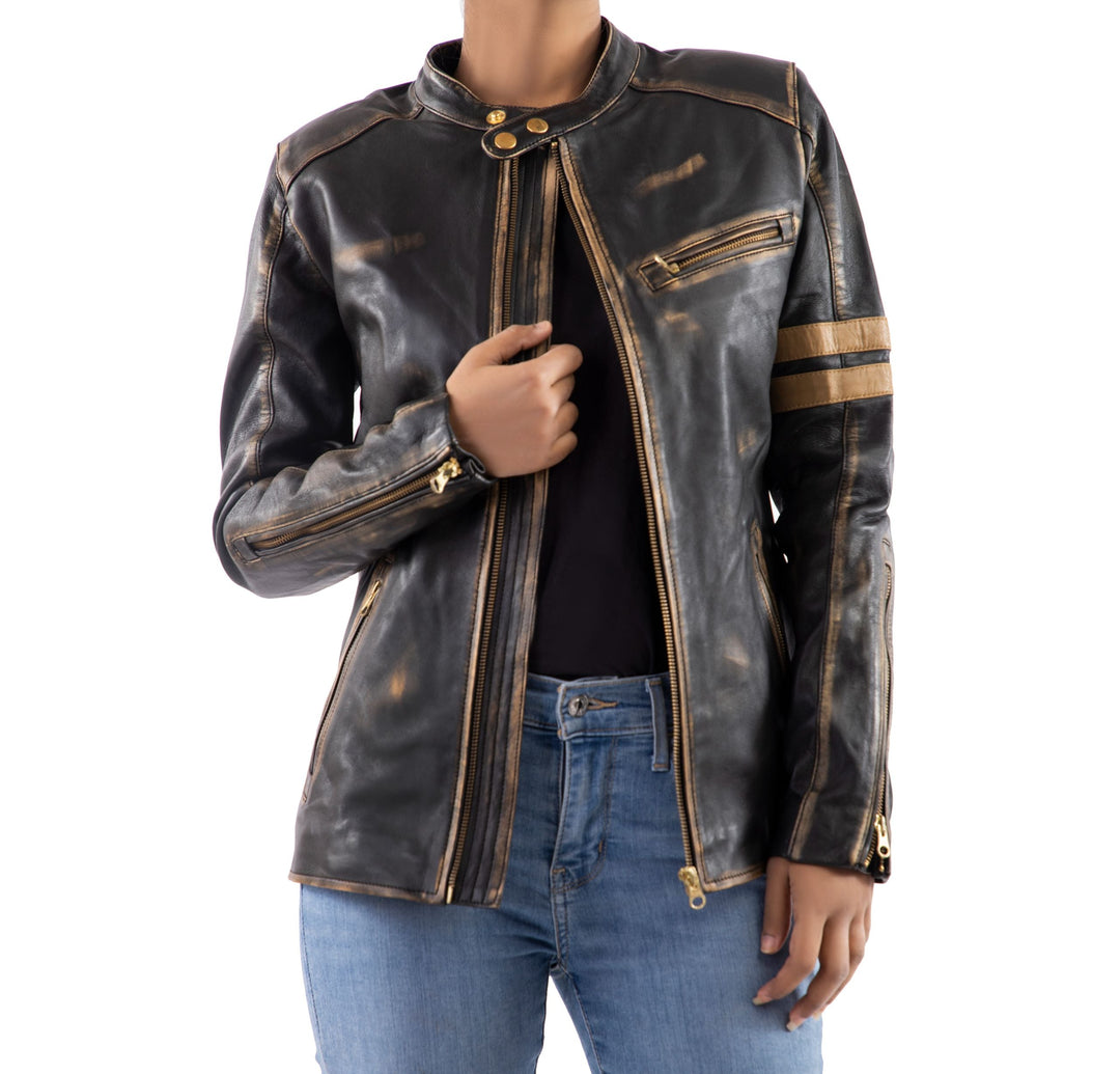 Jild Jild Bomber Jacket Solids Distressed Racer Vintage Leather Jacket Women ...