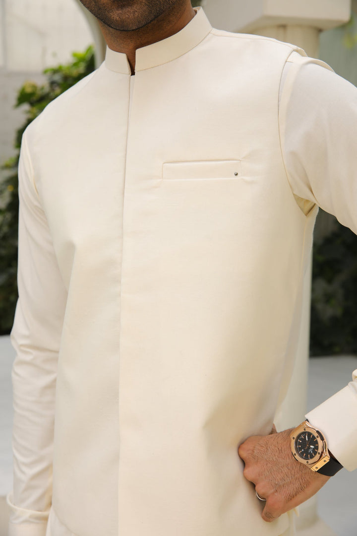 Muraqsh Ready To Wear Solids  Men Bosky White Kameez Shalwar with Blended Waistcoat MUR-BWKSW - Summer Collection