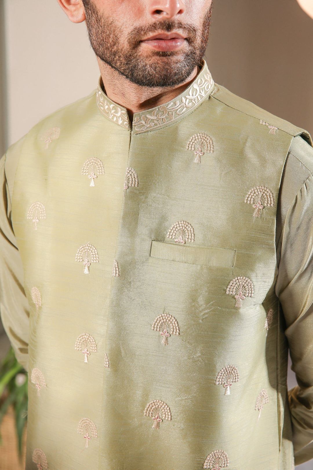 Muraqsh Ready To Wear  Cotton Men Pista Kurta Trouser with Embroidered Waistcoat MUR-PE-WS - Summer Collection