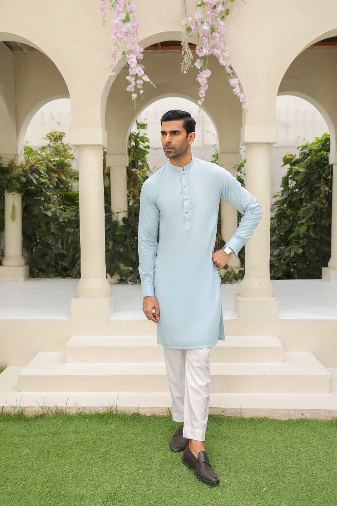 Muraqsh Ready To Wear Solids Cotton Men Sky Blue Kurta with White Trouser MURBKTW-PLAIN - Summer Collection