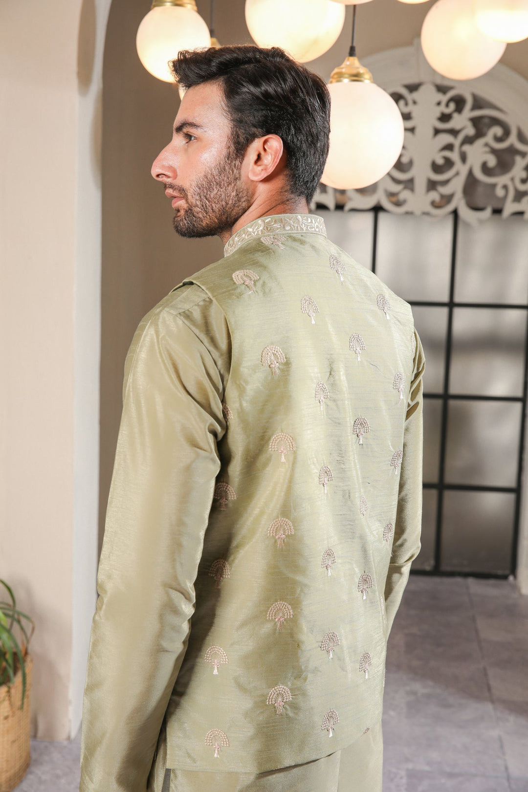 Muraqsh Ready To Wear  Cotton Men Pista Kurta Trouser with Embroidered Waistcoat MUR-PE-WS - Summer Collection