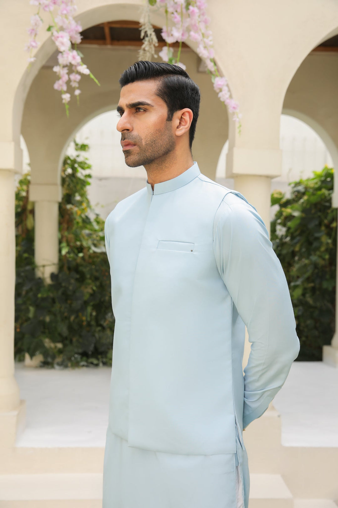Muraqsh Ready To Wear Embroidered Cotton Men Pink Falling Embroidered Waistcoat MUR-PFEW - Summer Collection main image 0