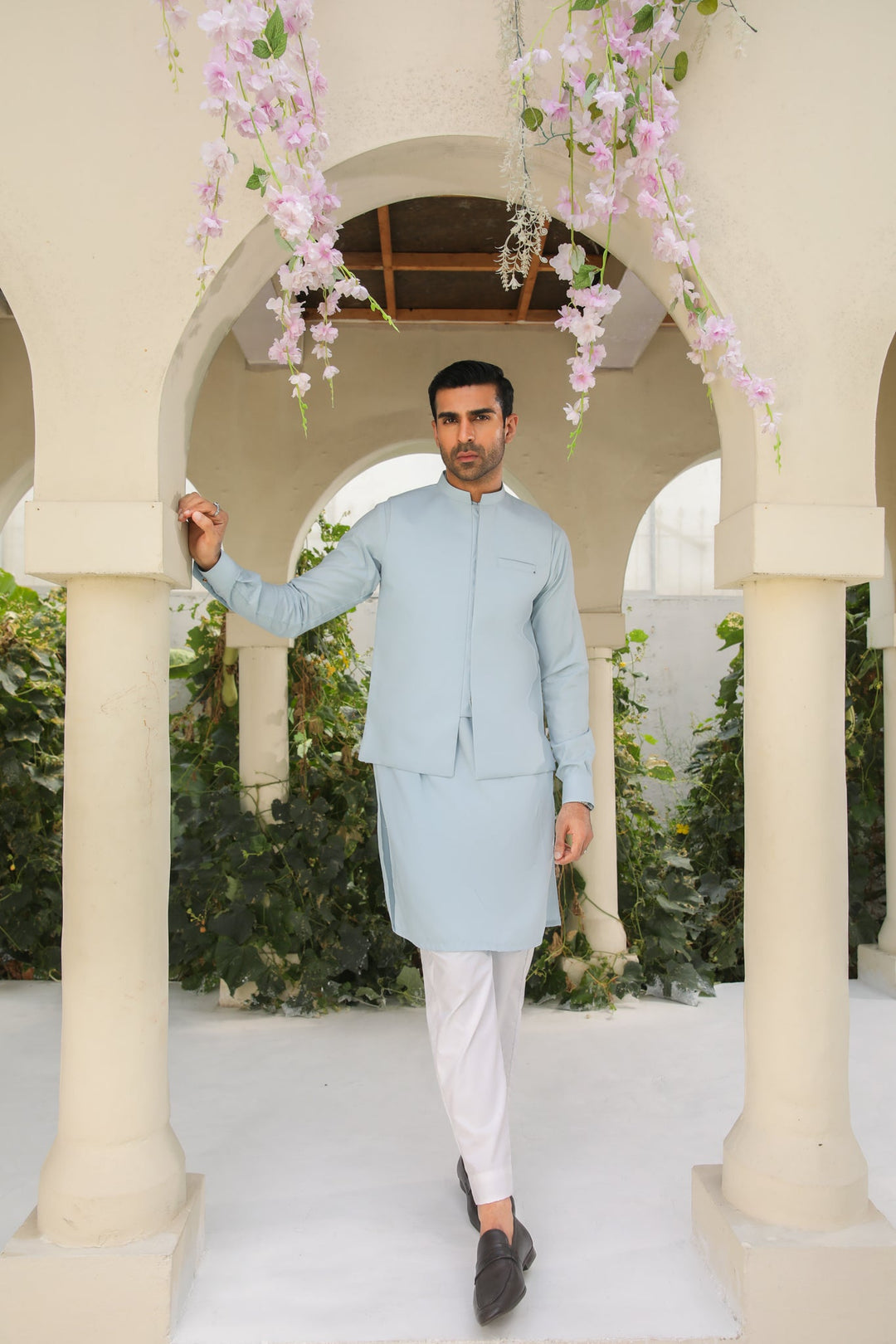 Muraqsh Ready To Wear Solids Cotton Men Sky Blue Kurta Trouser with Blended Waistcoat MURBKTW - Summer Collection
