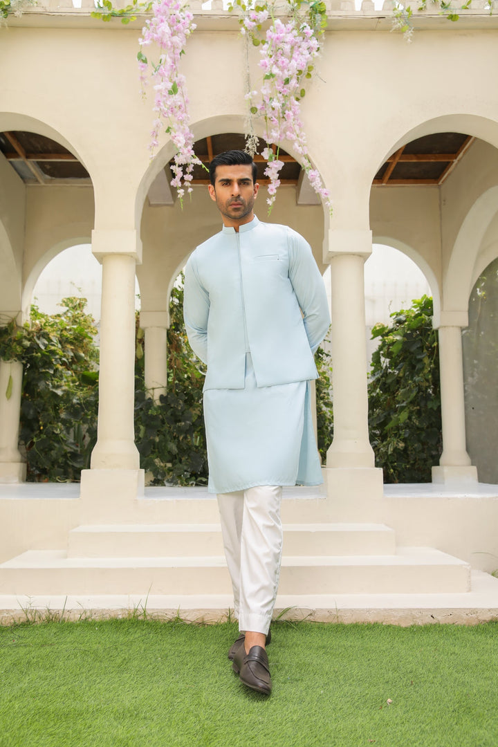 Muraqsh Ready To Wear Solids Cotton Men Sky Blue Blended Waistcoat Straigth Cut MURBKTW-WC - Summer Collection