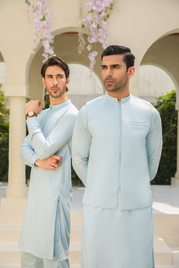 Muraqsh Ready To Wear Solids Cotton Men Sky Blue Kurta Trouser with Blended Waistcoat MURBKTW - Summer Collection