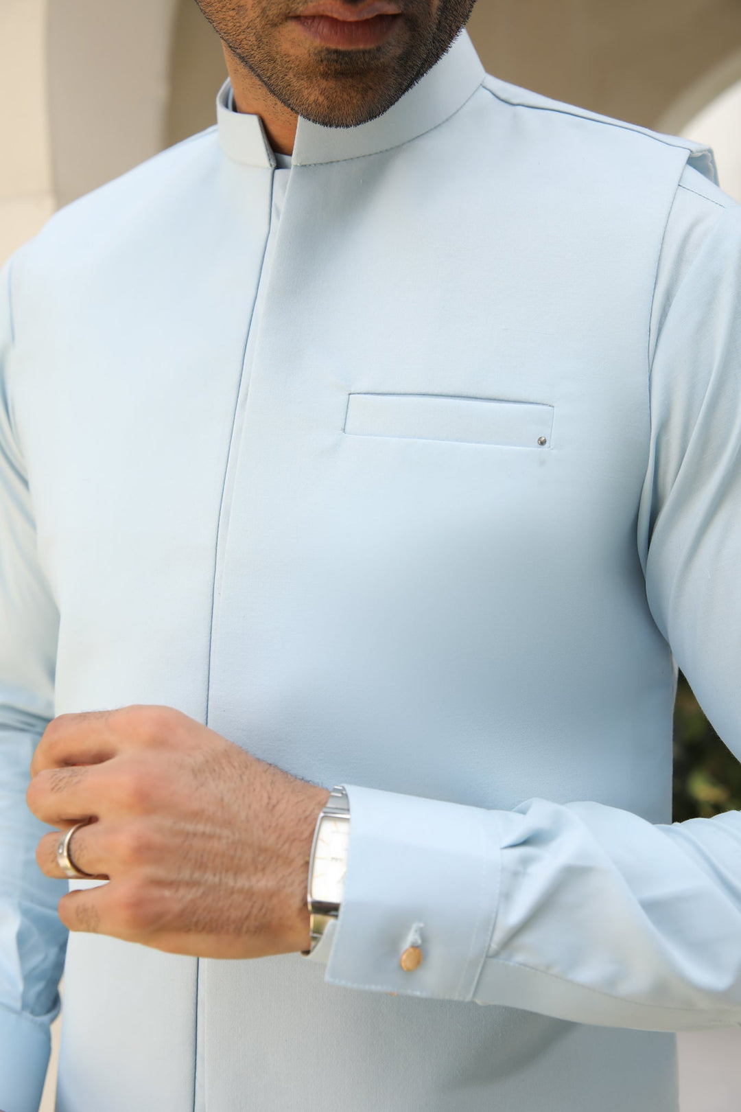 Muraqsh Ready To Wear Solids Cotton Men Sky Blue Blended Waistcoat Straigth Cut MURBKTW-WC - Summer Collection