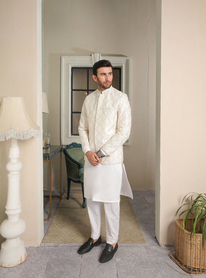Muraqsh Ready To Wear  Cotton Men Off White Kurta Trouser with Sequin Embroidered Prince Coat ABD-OWEPC - Summer Collection