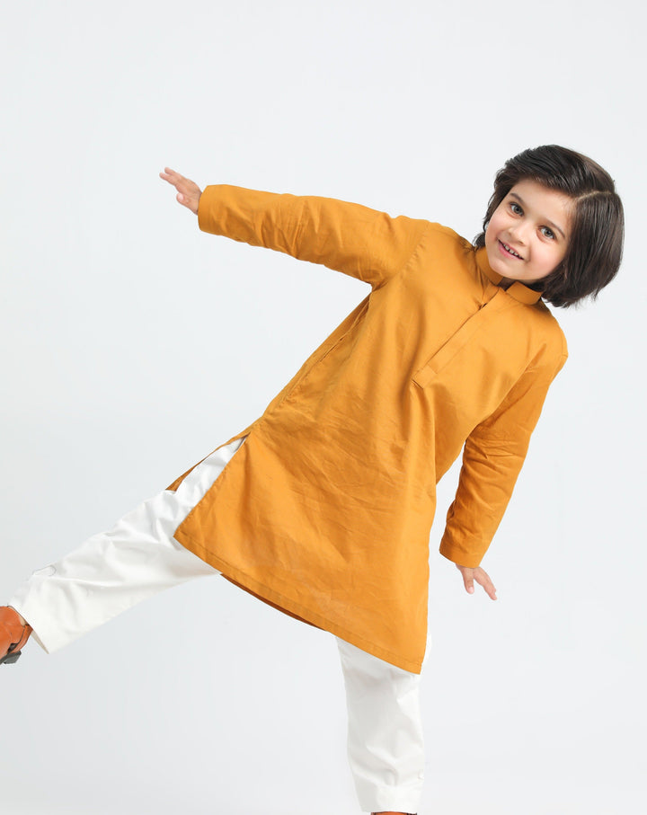 Muraqsh Ready To Wear Solids  Boys Mustard Cotton Kurta Trouser MURSCKT - Summer Collection