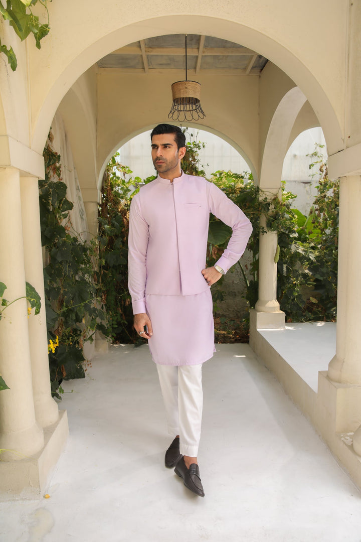 Muraqsh Ready To Wear Solids Cotton Men Lilac Kurta Trouser with Blended Waistcoat MURKTWW - Summer Collection