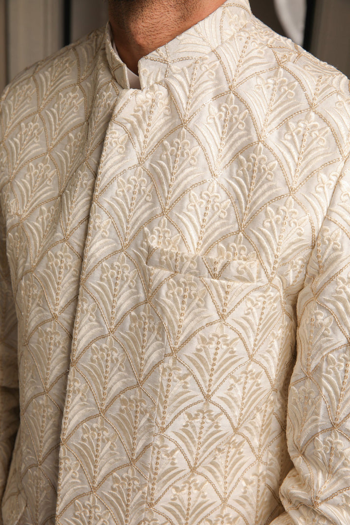 Muraqsh Ready To Wear  Cotton Men Off White Kurta Trouser with Sequin Embroidered Prince Coat ABD-OWEPC - Summer Collection