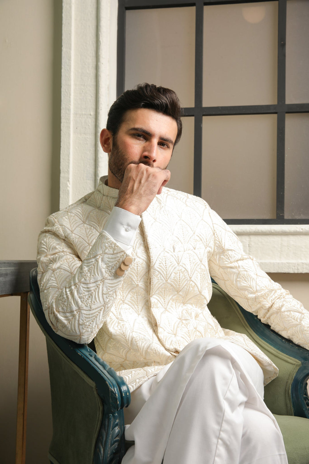 Muraqsh Ready To Wear  Cotton Men Off White Kurta Trouser with Sequin Embroidered Prince Coat ABD-OWEPC - Summer Collection