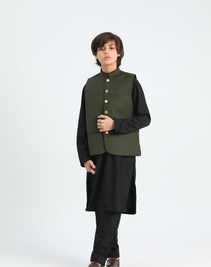 Muraqsh Ready To Wear Solids Cotton Boys Black Kurta Trouser with Army Green Suiting Waistcoat MUR-3P - Summer Collection
