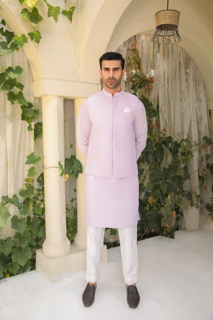 Muraqsh Ready To Wear Solids Cotton Men Lilac Kurta Trouser with Blended Waistcoat MURKTWW - Summer Collection