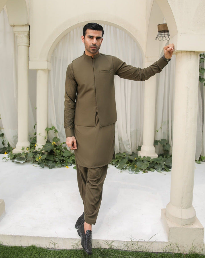 Muraqsh Ready To Wear Solids Cotton Men Olive Green Kameez Shalwar with Blended Waistcoat MUR-OGKSW - Summer Collection