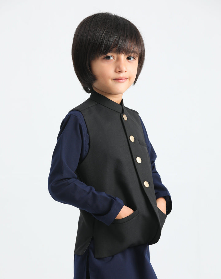 Muraqsh Ready To Wear Solids Cotton Boys Navy Blue Kurta Trouser with Black Suiting Waistcoat MUR-PBAB - Summer Collection
