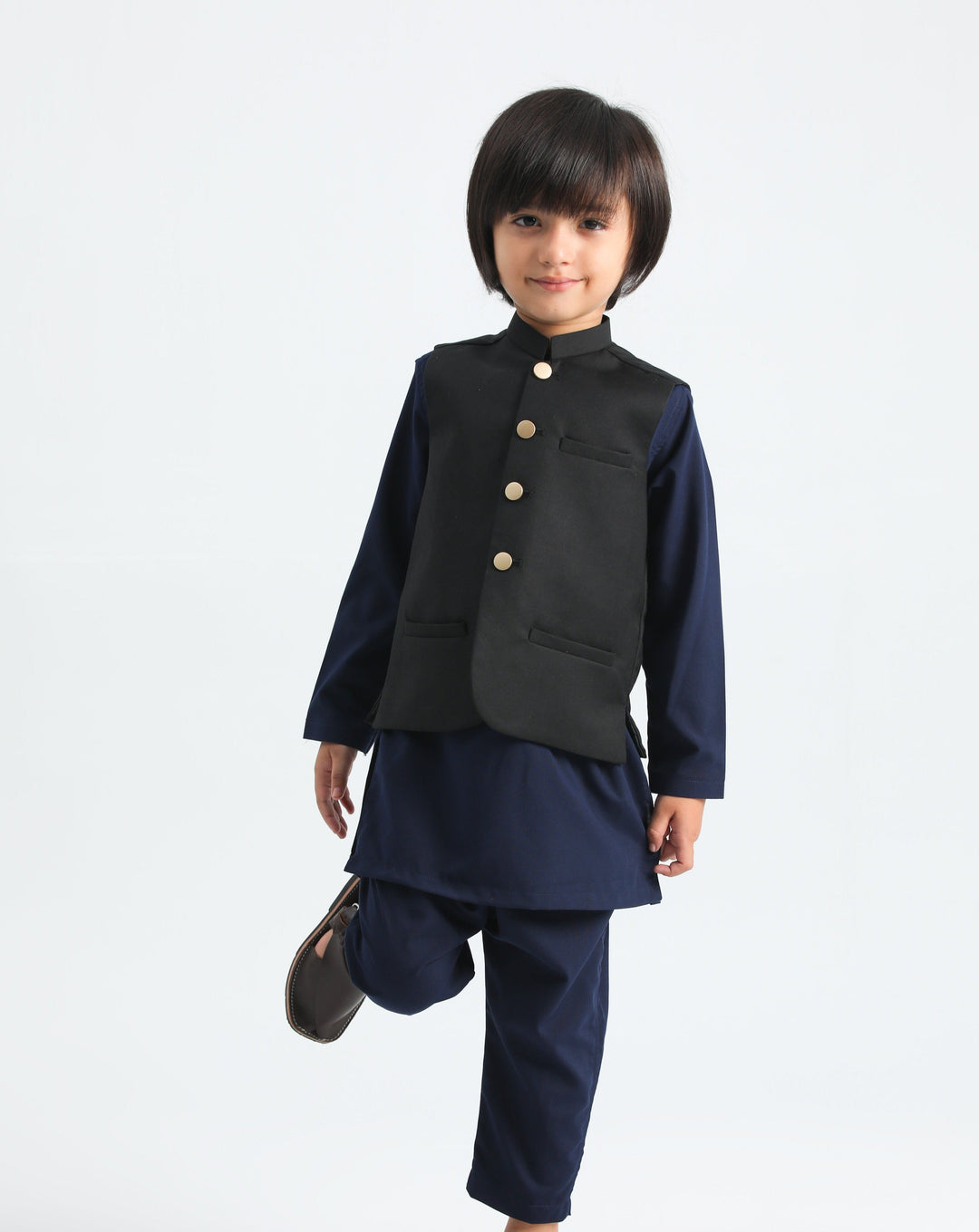 Muraqsh Ready To Wear Solids Cotton Boys Navy Blue Kurta Trouser with Black Suiting Waistcoat MUR-PBAB - Summer Collection