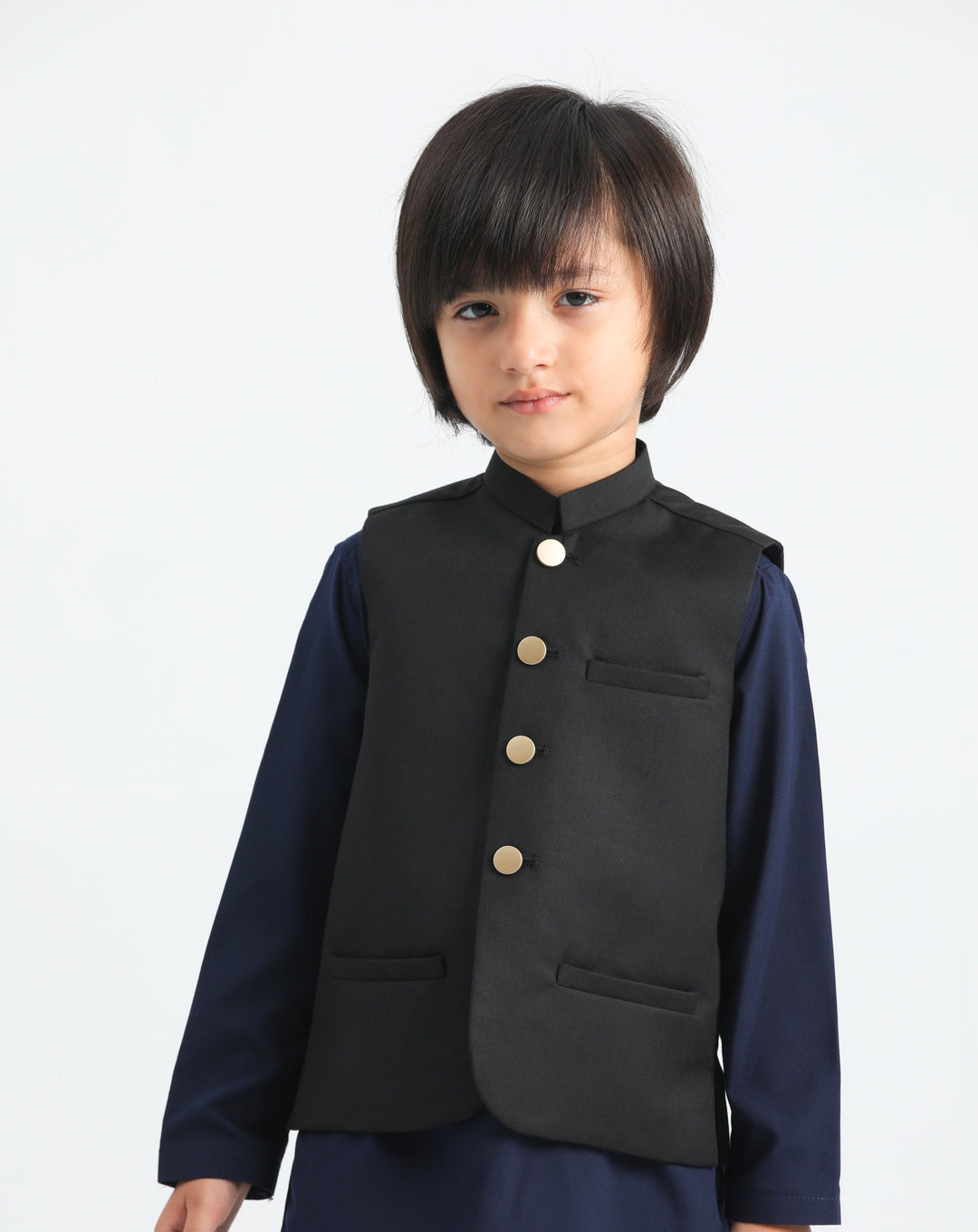Muraqsh Ready To Wear Solids Cotton Boys Navy Blue Kurta Trouser with Black Suiting Waistcoat MUR-PBAB - Summer Collection