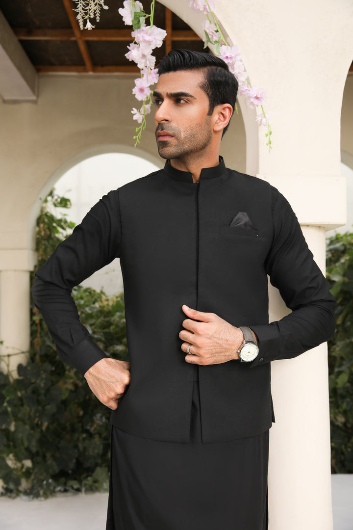 Muraqsh Ready To Wear Solids Cotton Men Midnight Black Kameez Shalwar with Blended Waistcoat MURBKSW - Summer Collection