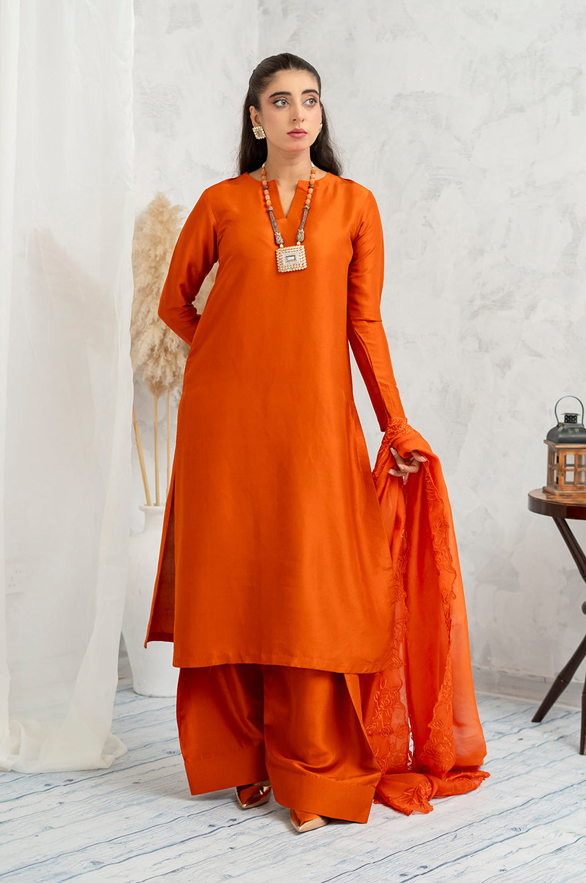 Liyaana From Nizka By Nida Rehan RTW Solids Silk Blend 2 Piece Suit Sunset Flame - Festive Collection