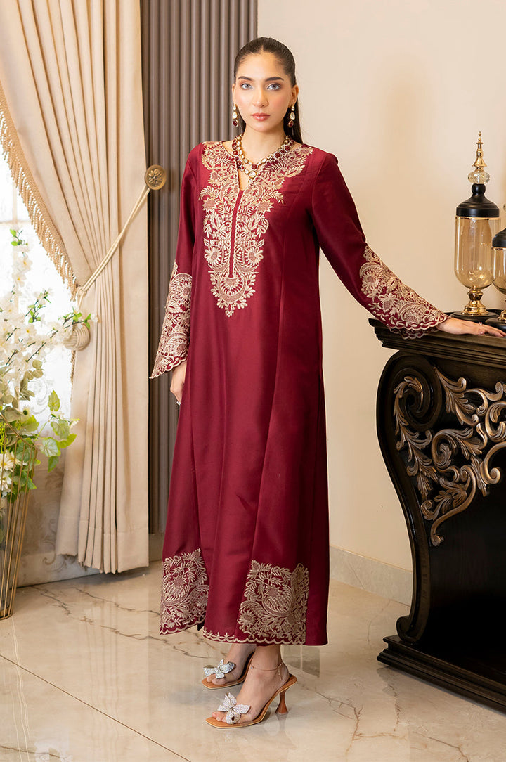 Liyaana From Nizka By Nida Rehan RTW Embroidered Pure Raw Silk 3 Piece Suit Maroon Majesty - Festive Collection