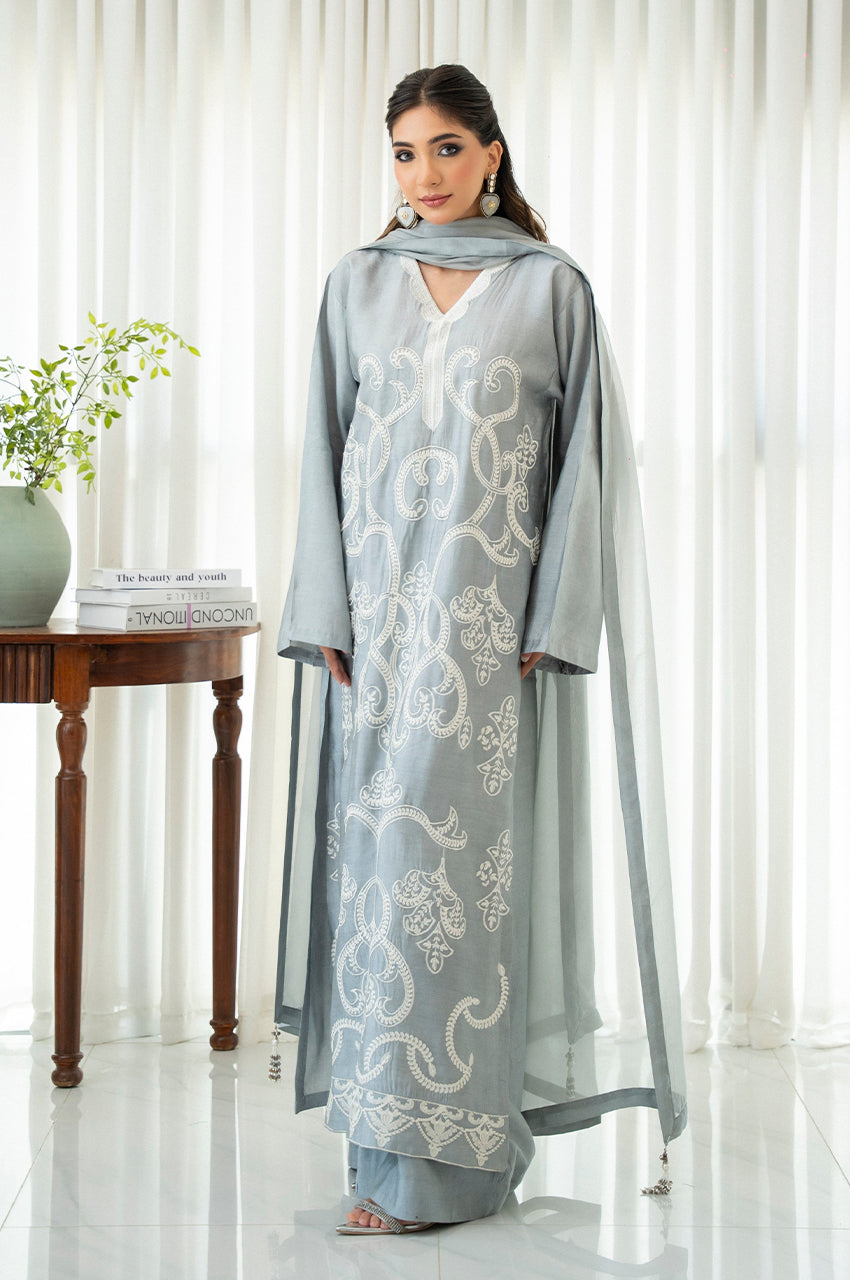 Liyaana From Nizka By Nida Rehan RTW Embroidered Premium Silk 3 Piece Suit Dove Whisper - Festive Collection