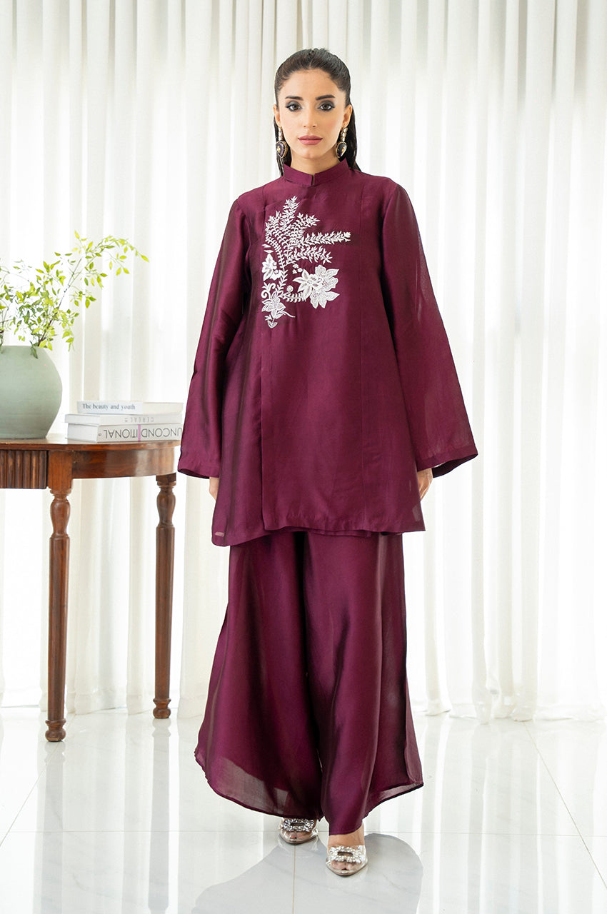 Liyaana From Nizka By Nida Rehan RTW Embroidered Silk Blend 2 Piece Suit Crimson Fern - Festive Collection