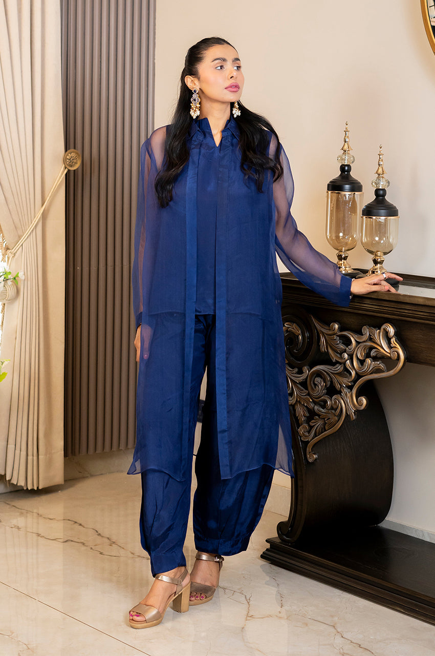 Liyaana From Nizka By Nida Rehan RTW Solids Organza & Silk 3 Piece Suit Royyale sapphire - Festive Collection