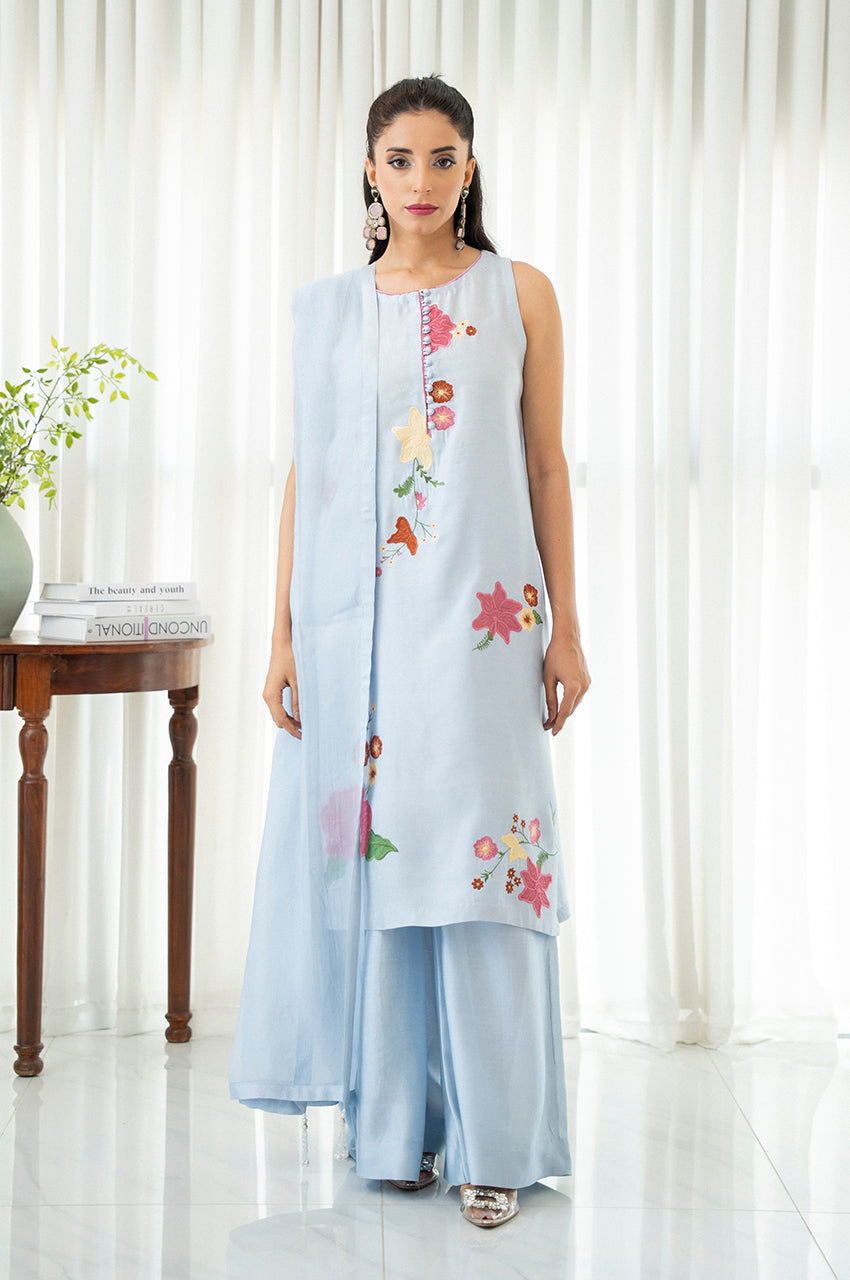 Liyaana From Nizka By Nida Rehan RTW Embroidered Silk Blend 2 Piece Suit Sky Blossom - Festive Collection
