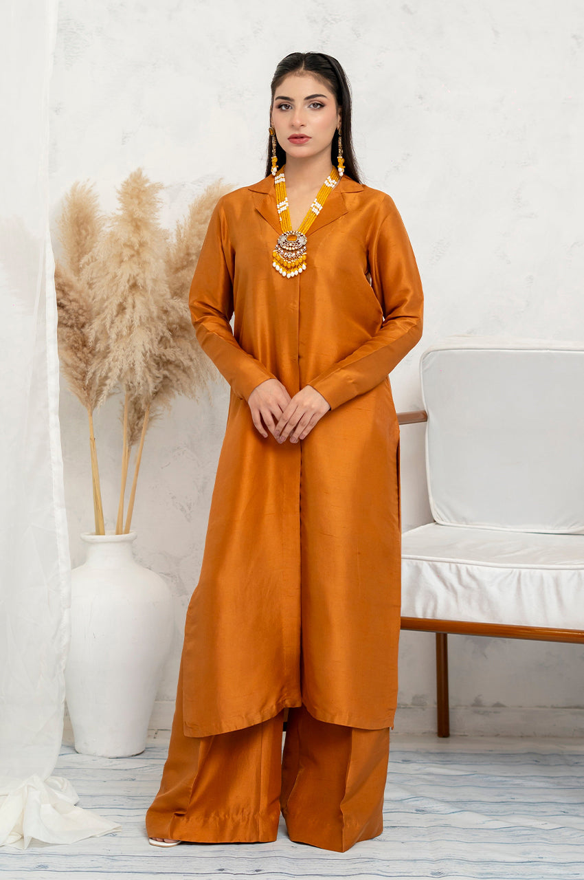 Liyaana From Nizka By Nida Rehan RTW Solids Butter Silk 2 Piece Suit Sienna Gold - Festive Collection