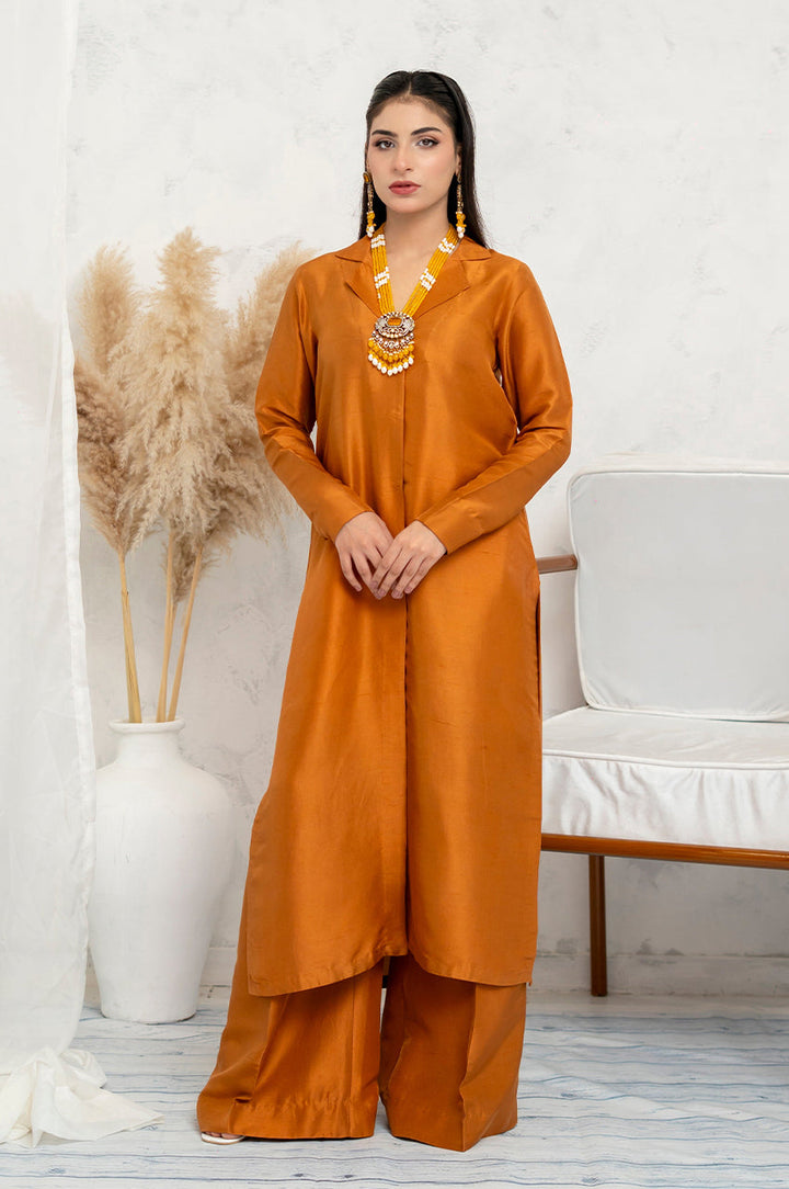 Liyaana From Nizka By Nida Rehan RTW Solids Butter Silk 2 Piece Suit Sienna Gold - Festive Collection