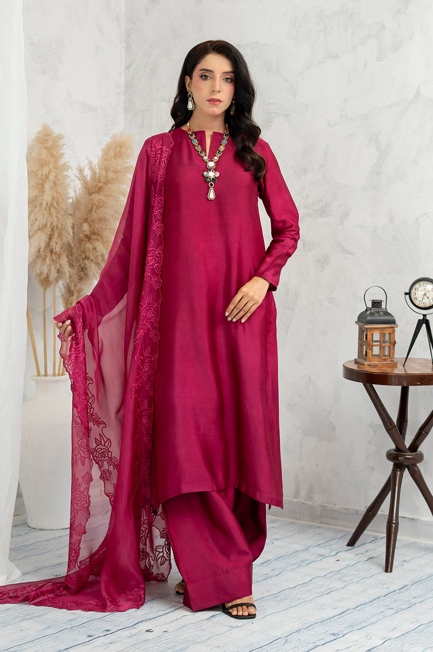 Liyaana From Nizka By Nida Rehan RTW Solids Luxury Silk Blend 2 Piece Suit Ruby Aura - Festive Collection