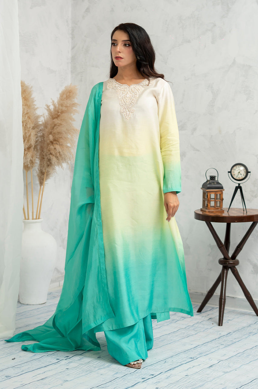 Liyaana From Nizka By Nida Rehan RTW Solids Silk and Organza 3 Piece Suit Ocean Bloom - Festive Collection