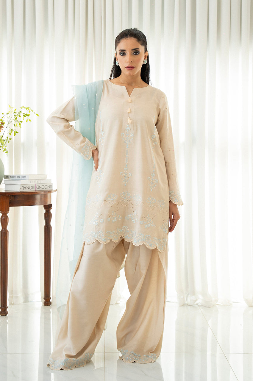 Liyaana From Nizka By Nida Rehan RTW Embroidered Raw Silk 3 Piece Suit Ivory Grace - Festive Collection