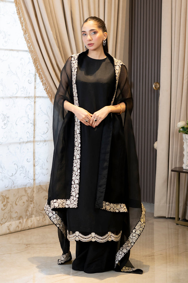 Liyaana From Nizka By Nida Rehan RTW Embroidered Organza & Raw Silk 3 Piece Suit Noir Elegance - Festive Collection