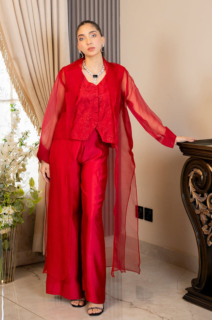 Liyaana From Nizka By Nida Rehan RTW Solids Silk & Organza 3 Piece Suit Scarlet Veil - Festive Collection