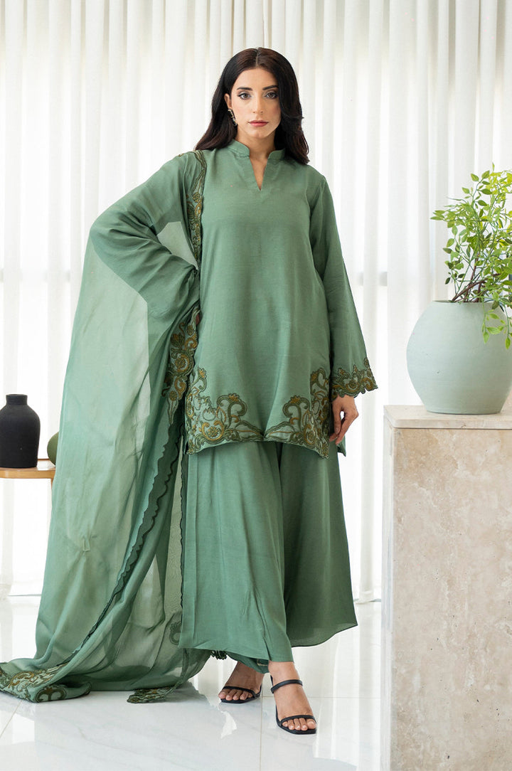 Liyaana From Nizka By Nida Rehan RTW Embroidered Raw Silk 2 Piece Suit Verdant Bloom - Festive Collection