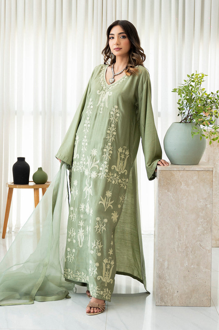 Liyaana From Nizka By Nida Rehan RTW Embroidered Organza and Silk 3 Piece Suit Sage Elysia - Festive Collection