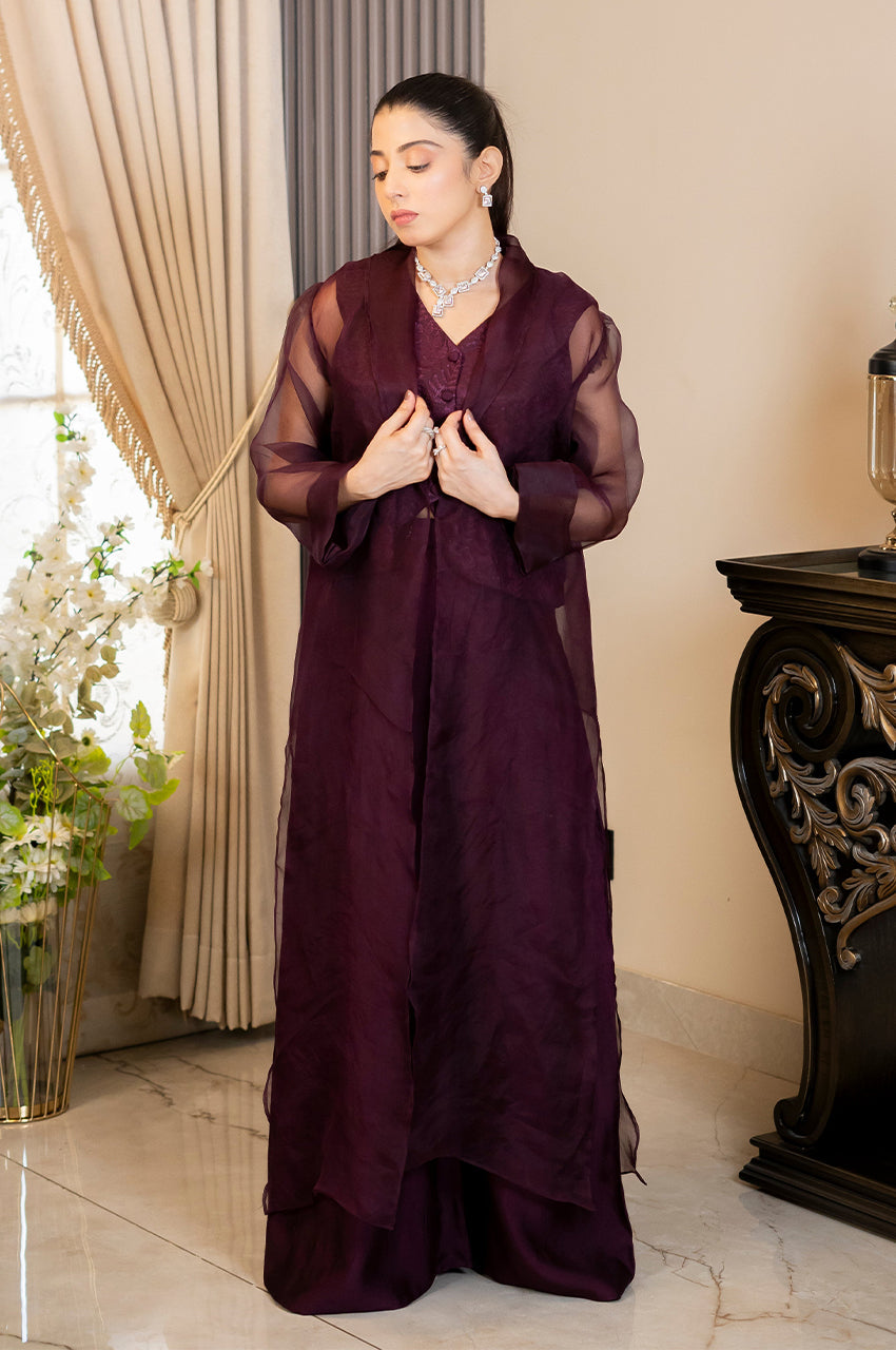 Liyaana From Nizka By Nida Rehan RTW Solids Silk & Organza 3 Piece Suit Plum Majesty - Festive Collection